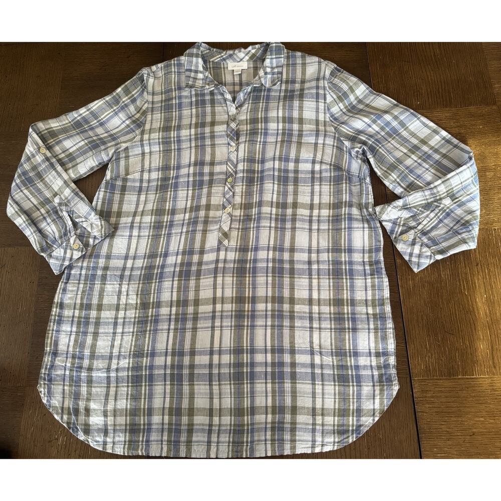 J. Jill Love Linen Womens Tunic Shirt Size L Roll Tab Sleeves Pockets 100% Linen